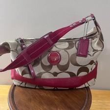 Coach Signature Stripe Hobo Bag Khaki Magenta Pink Vtg F17434 Monogram Shoulder