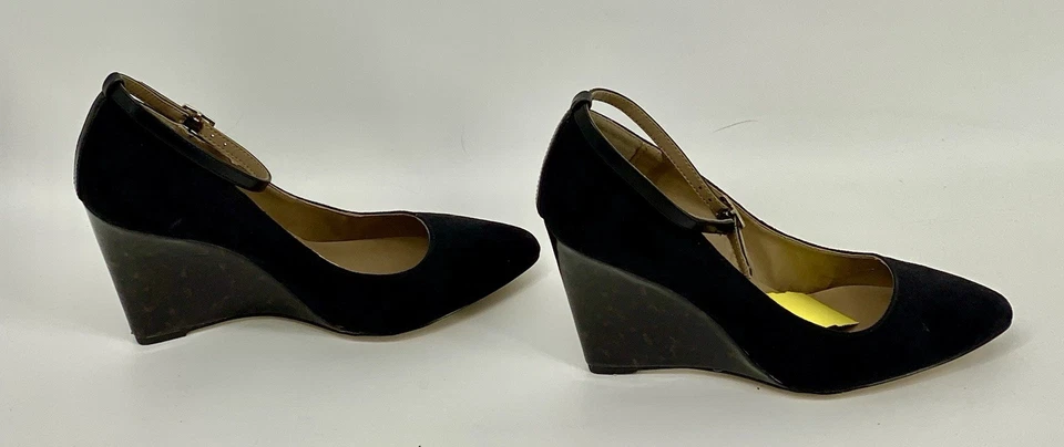 Zapatos de tacón ANN TAYLOR para mujer talla 8 con tiras hebilla al tobillo cuña gamuza negra Foto 4 de 4