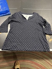 LL Bean Pima Cotton Tunic L Navy Three-Quarter-Sleeve Splitneck Print New