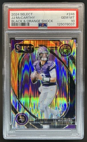 2024 Select JJ McCarthy Club RC Black and Orange Prizm Shock #246 PSA 10