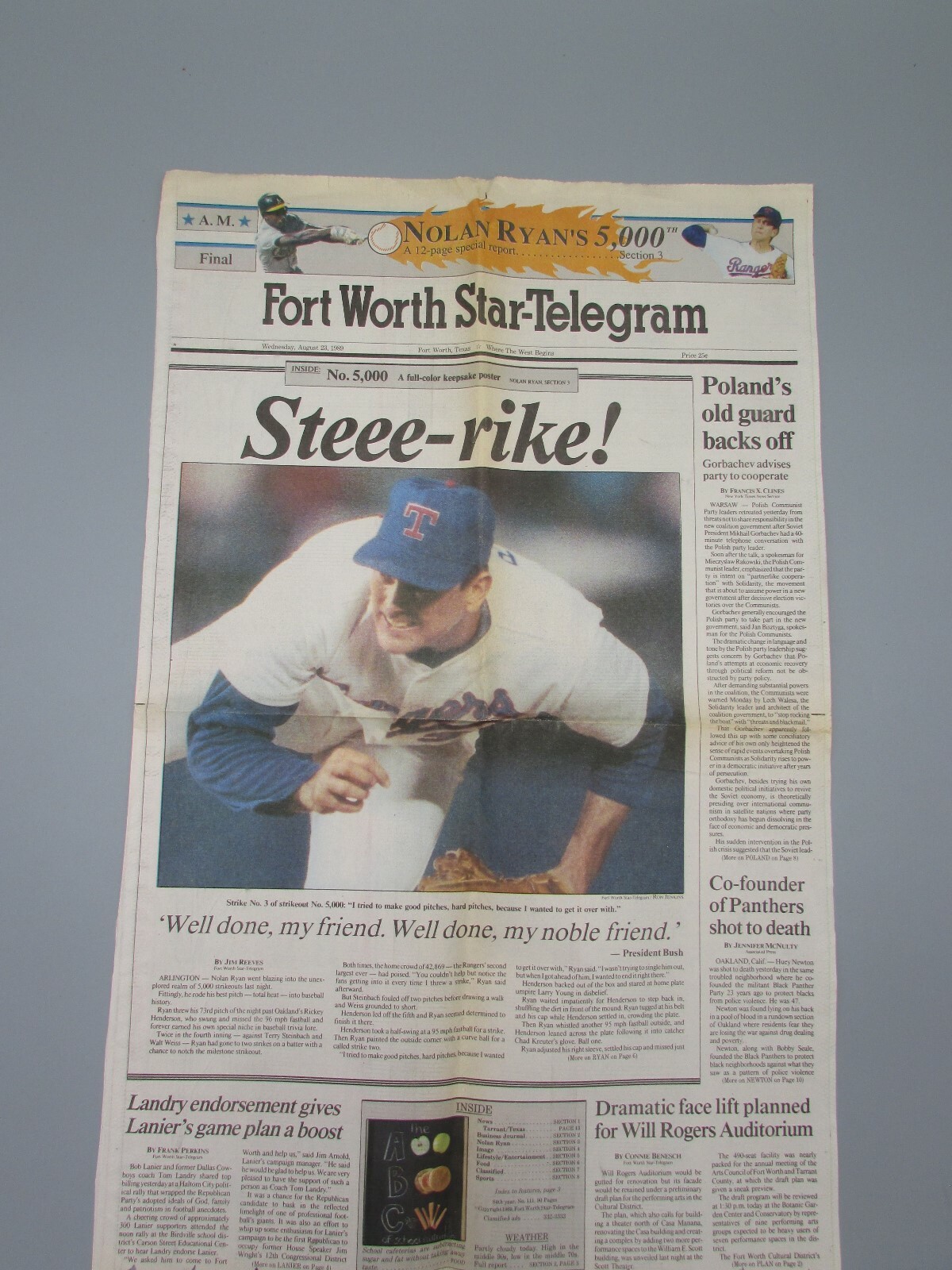 Aug 23 1989 Fort Worth Star-Telegram Front Page Nolan Ryan 5000 Stikeouts  MS1417 | eBay