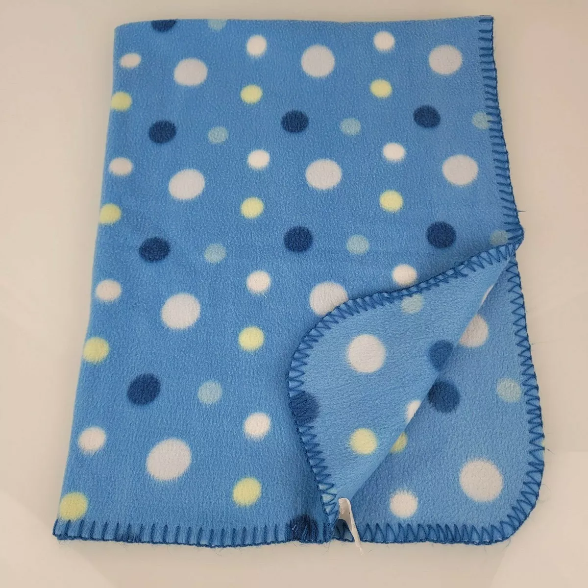 Small Wonders Fleece Baby Boy Blanket Blue White Green Polka Dot Spot Circles