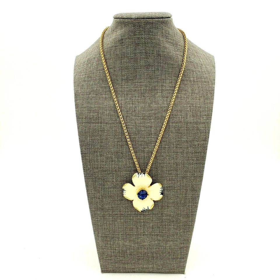 Kenneth Jay Lane Azul Crema Madera de Perro Colgante Collar Cadena Esmalte Estrás     Foto 2 de 4