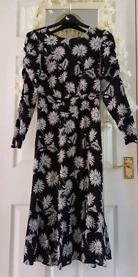 M&S Daisy Print Gorgeous Black White Floral Midi Dress 👗 10 UK