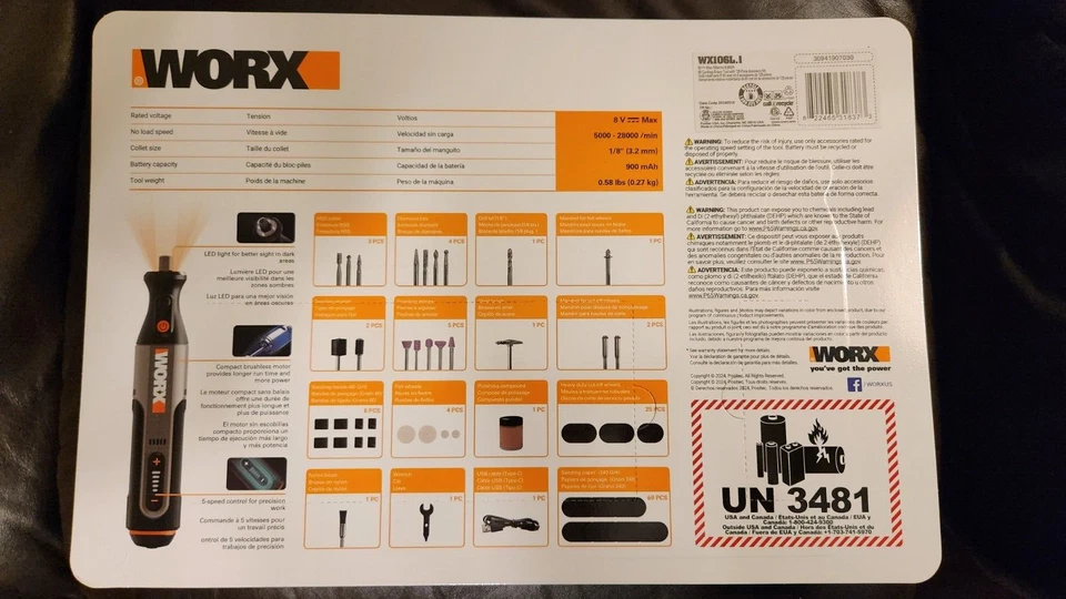 WORX WX106L 8V CORDLESS ROTARY TOOL USB TYPE-C+129 PC. ACCESSORY KIT New - Image 2 of 3