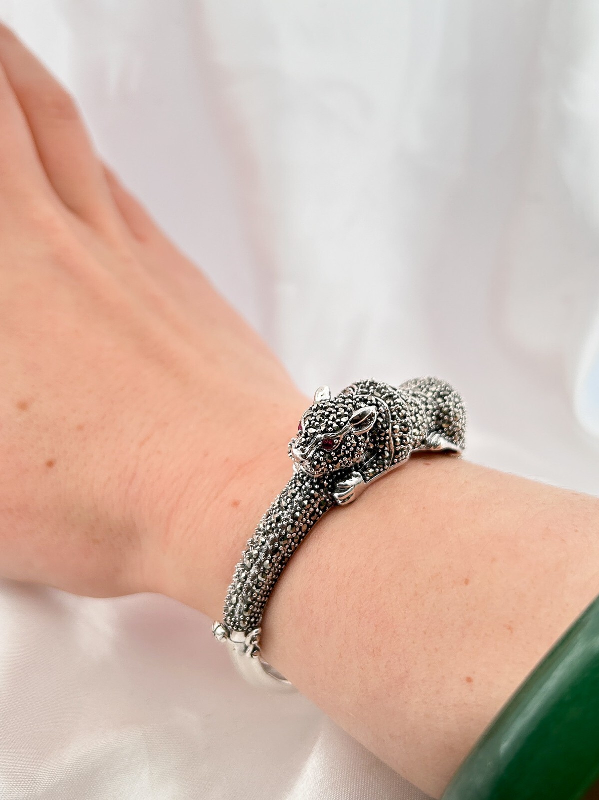 Solid Silver Panther Bangle Bracelet With Marcasi… - image 2