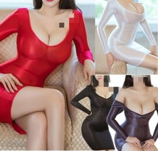 Women Glossy See Through Dress Deep V Neck Bodycon Mini Dress Nightwear Lingerie