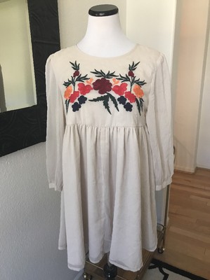 Glamorous Taupe Tan Shift Floral Embroidered Long Sleeve Summer Party L