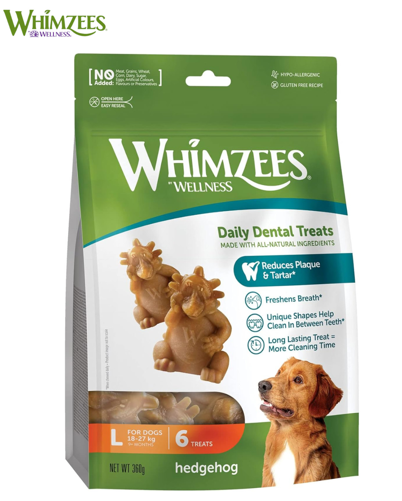 WHIMZEES Hedgehog L, 6 Pieces – Size L | Long-lasting Dog Dental Sticks for Large Breeds, Natural and Grain Free, Rawhide-Free, Vegetarian, No Added Sugar - Image 2
