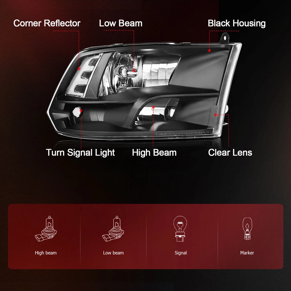 Conjunto de faros negros cuádruples para Dodge Ram 1500 2500 3500 2009-2018 Foto 3 de 4