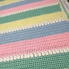 Handmade Crochet Pastel Baby Crib Blanket Pink Blue Yellow Green White 31x41 in