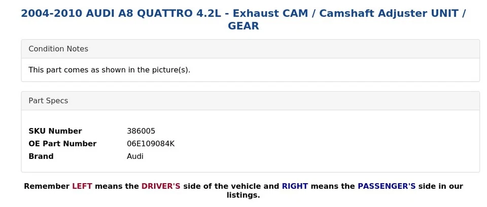 AUDI A8 QUATTRO 2004-2010 4,2 L - Cámara de escape / Unidad de ajuste del árbol de levas / engranaje Foto 3 de 4
