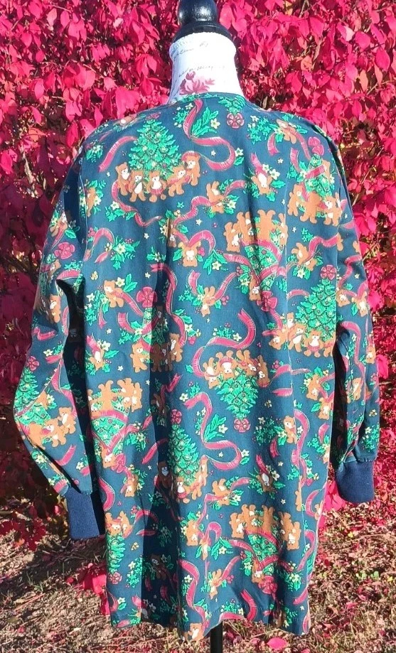 复古 Landau 医疗牙科兽医 Snap Christmas Top XL 泰迪熊冬青丝带 — 第 2/4 张图片