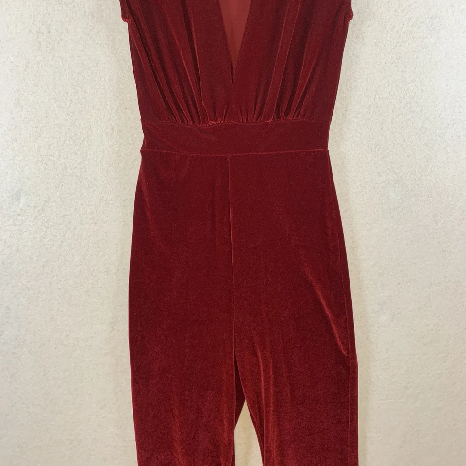 Vintage Womens Velvet Plunge Jumpsuit Sz XS Red Y2K Glam Cocktail Club USA Made - Image 3 of 4