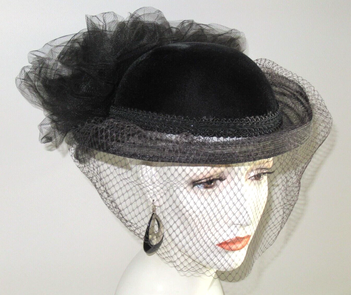 VTG Women Fascinator Hat Black Velvet‎ Satin Netting Veil Formal Occasion Party Lawliet Womens Velvet Veil Netting Wedding Occasion Church  main image 4