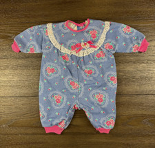 Vintage 80s Healthtex Heart Romper Baby Denim Floral Lace Pink Bow Sz 6-9 Months