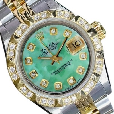 Rolex Datejust Two-Tone 14KY Gold Green Mother of Pearl Pyramid Diamond Watch
