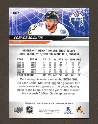 2024-25 Upper Deck UD Extended Series All Star #667 Connor McDavid Deluxe /250 - Picture 2 of 2