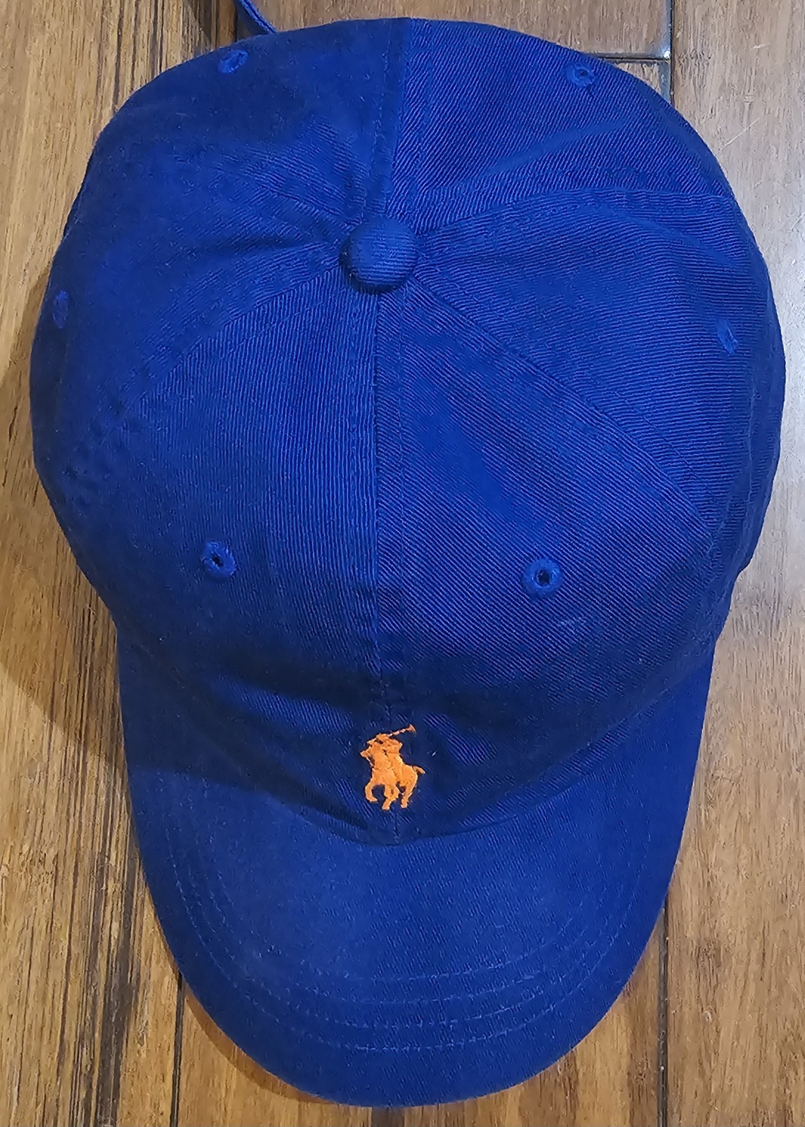 Cappello Polo Ralph Lauren vintage raro blu berretto da baseball cinturino in pelle arancione pony