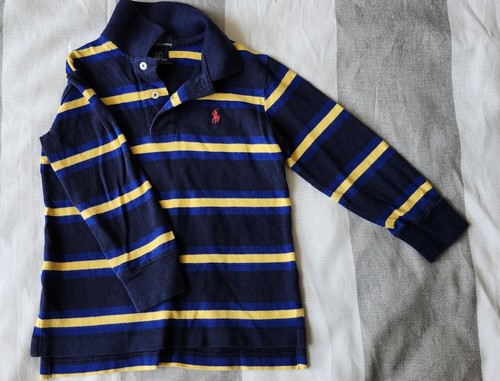 Polo by Ralph Lauren Jungen Langarm marineblau und gelb gestreiftes Hemd - Größe 3T