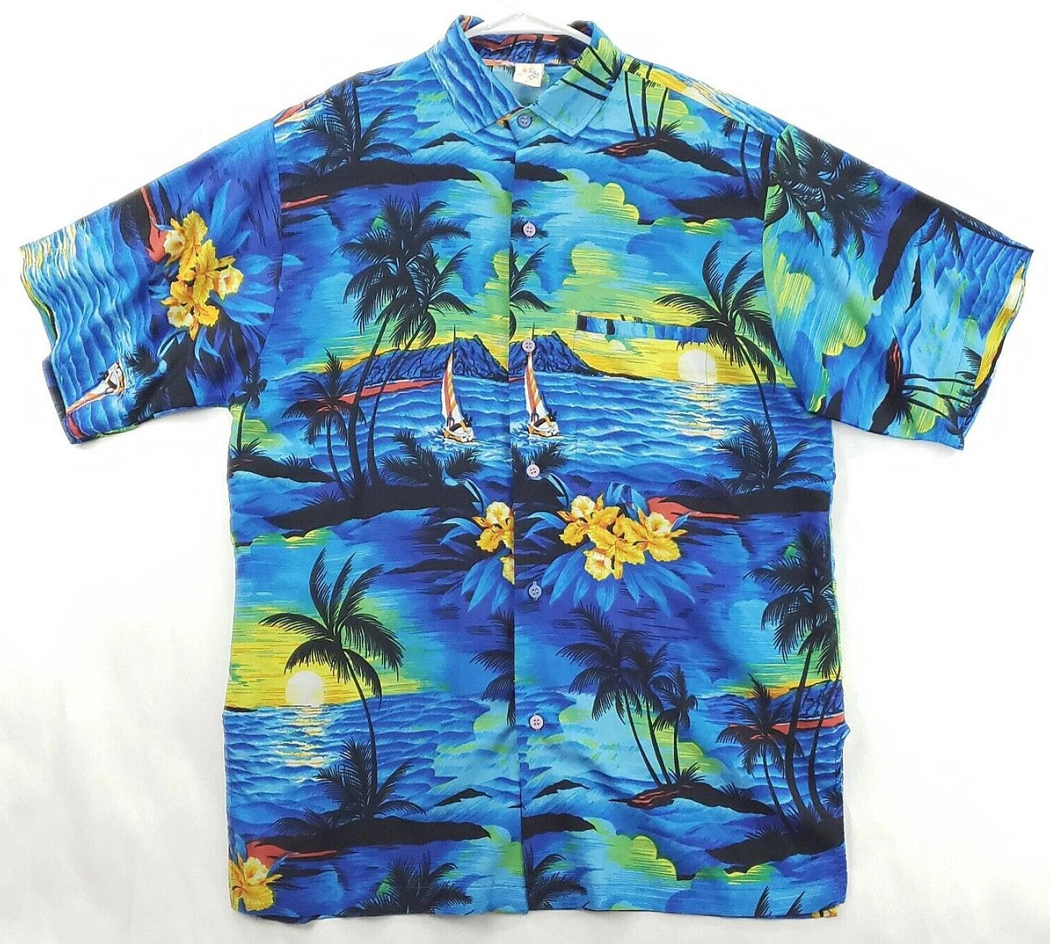 Rima Shirt Men Medium Blue Yellow Hawaiian Palm Tree Classic Button-Up