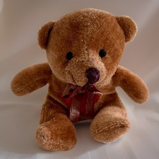 Plush Brown Teddy Bear Smile Mini Size w/ Ribbon Bow Stuffed Animal VTG 