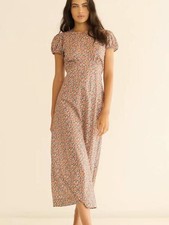 DOEN Forest countryside style bubble sleeves pure cotton waist cinched dress