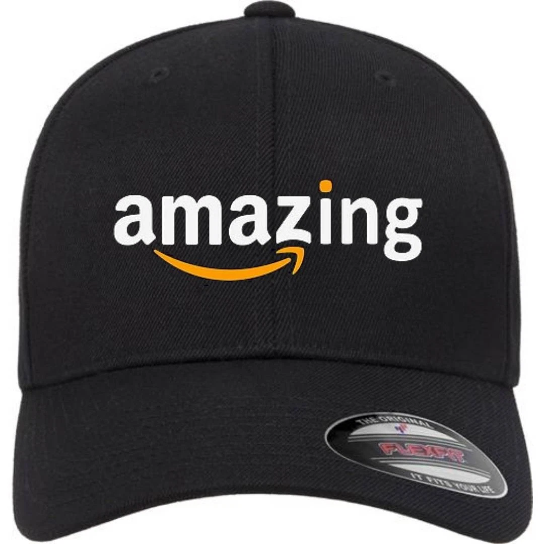 Amazing Amazon Logo Black Hat 5001 Flexfit Baseball Cap DTF Printed S/M & L/XL