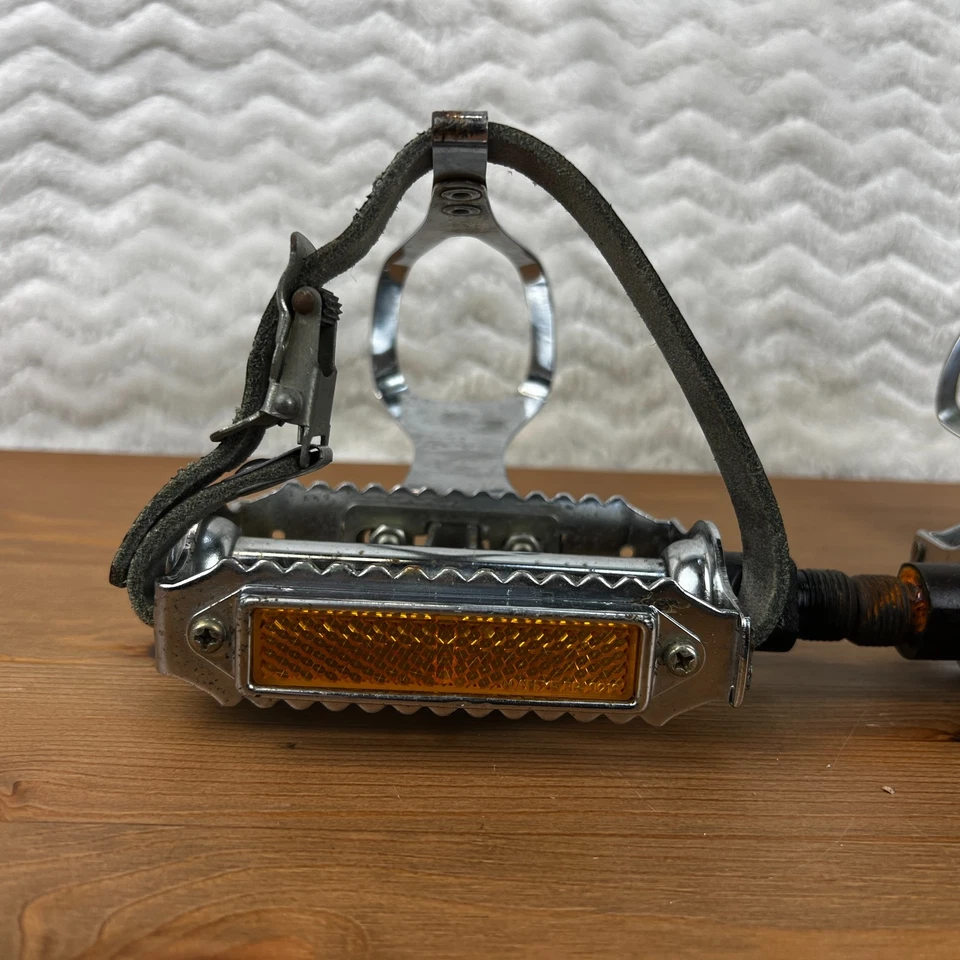 Vintage KKT Japan Quill Road Pedals Christophe Toe Clip Adjustable Leather Strap - Image 4 of 4