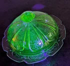 Vtg Green Uranium Jeanette Glass Covered Butter/Cheese Dish Round Cherry Blossom