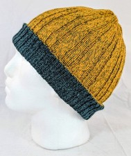 Extra Soft Baby Alpaca Reversible Cable Knit Beanie Yellow Dark Green Handmade