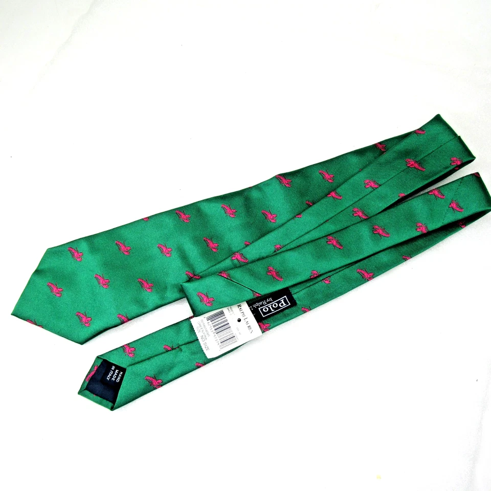 Vtg POLO Ralph Lauren Neck Tie w/ tag 100% Silk Made in Italy Green Pink Lobster - Image 4 of 4