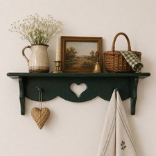 Vtg Wood Heart Cutout Wall Hanging Peg Shelf COTTAGE CORE Decor Farmhouse Green