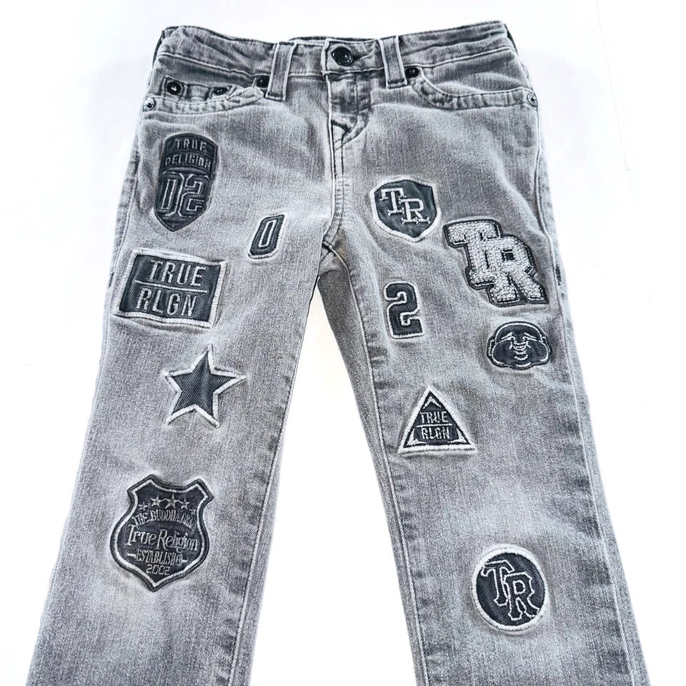 Pantalones de mezclilla True Religion grises ajustados de cintura elástica con parches talla 7 Foto 3 de 4