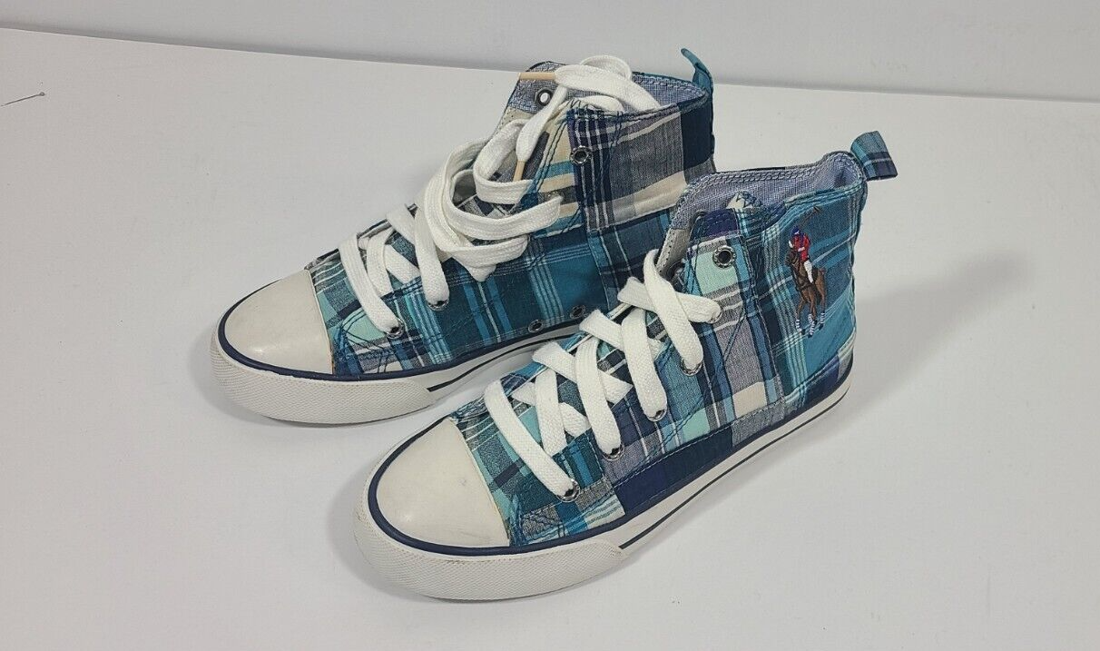 NUOVO ragazzo POLO Ralph Lauren PatchWork Hi Top Multi Pony Sneakers. Taglia 1 20 cm
