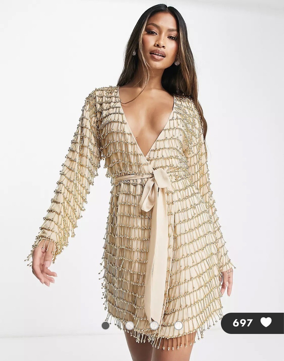 green emerald velvet dress Asos Design Embellished Smock Mini Dress With Gold Linear Embellishment main image 1