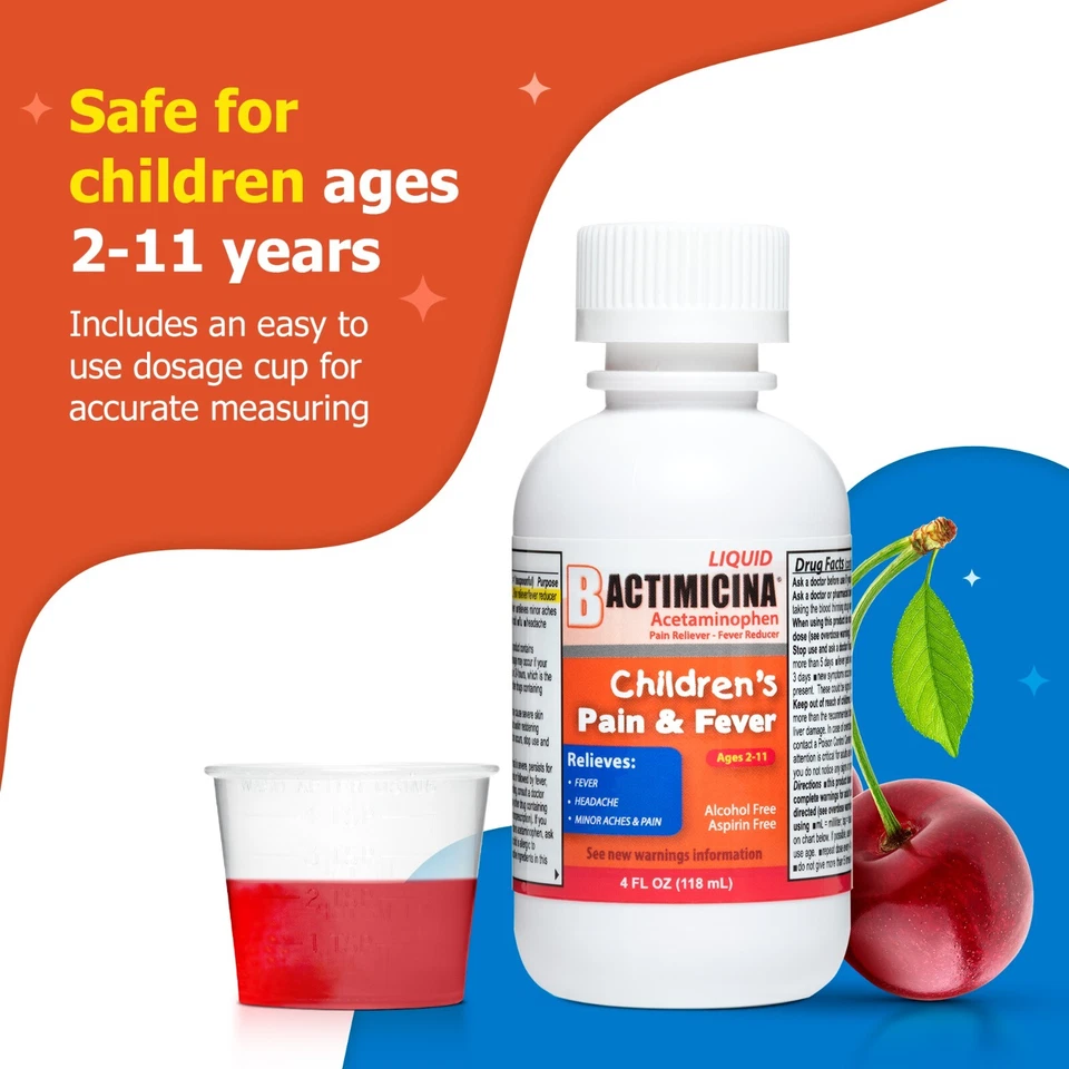 Bactimicina Kids Pain and Fever Liquid w/ Acetominophen, USA  4 FL OZ  Exp 12/27 - Image 4 of 4