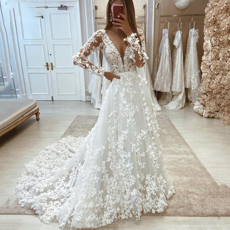 Plus Size V Neck Wedding Dresses Long Sleeve Lace Appliques A Line