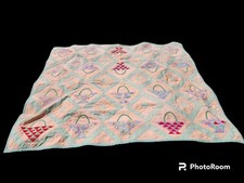 Vintage PA Hand Stitch flower basket Colorful boho MCM Cottagecore Quilt 70"x91"