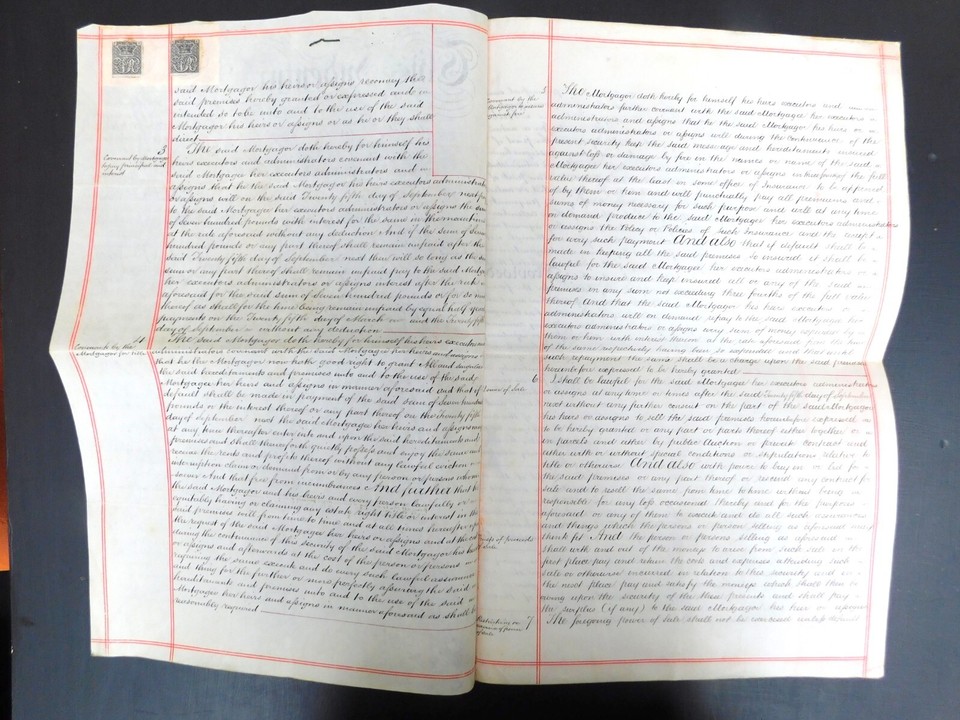 ANTIQUE INDENTURE ON VELLUM 1876. LOAN AND MORTGAGE DOCUMENT STAMPS