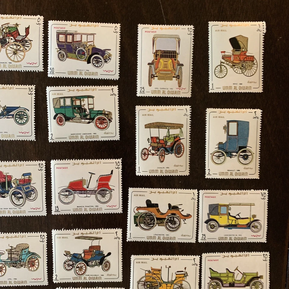 ENORME LOTE DE SELLOS UMM AL QUWAIN VEHÍCULOS ANTIGUOS COCHES TRANSPORTE SIN USAR Foto 4 de 4