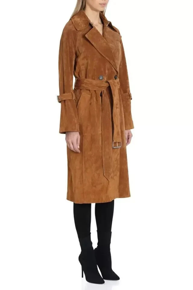 Women Pure Goatskin Brown Suede Leather Trench Coat Long Double-Breasted Belted
