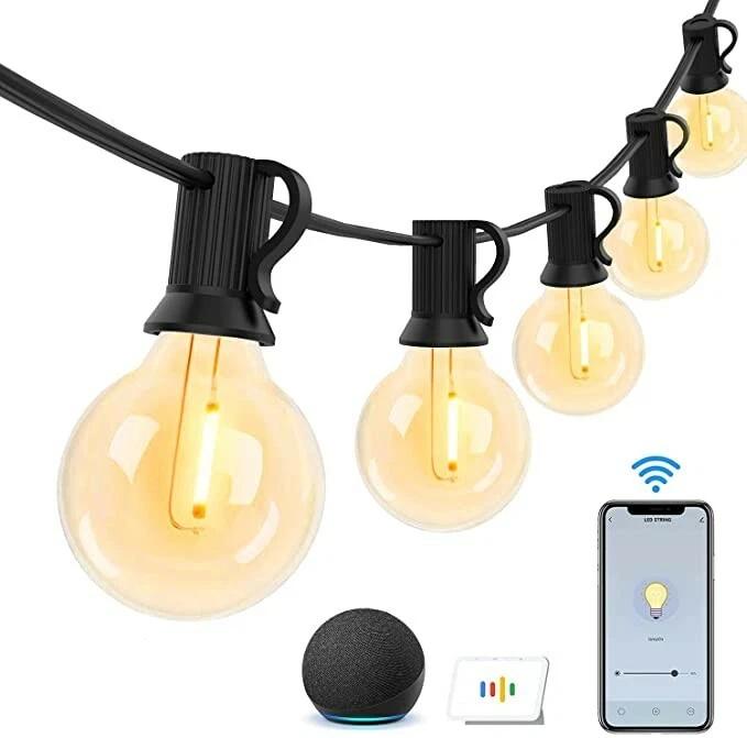 WiFi Control Outdoor String Lights LED Mains Powered Bomcosy Dimmable 30FT G40
