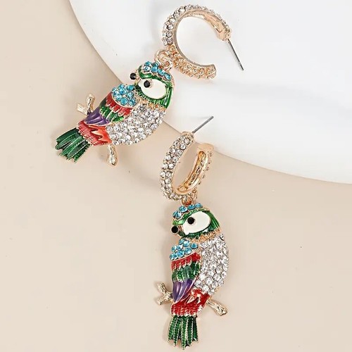 Chico’s Parrot Earrings Bird Hoop Multicolor Crystal Gold CZ Barbiecore Gem CZ