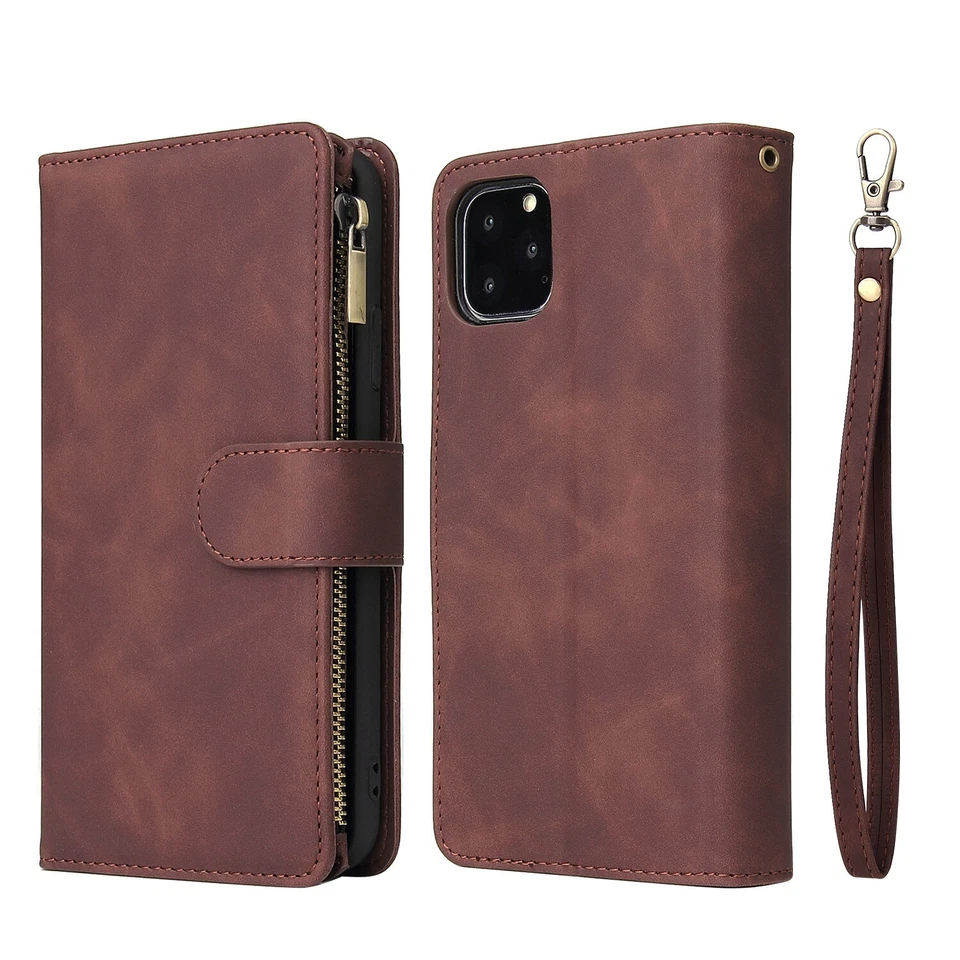 Funda tipo billetera de cuero con cremallera abatible para iPhone 13 14 15 Pro Max 12 11 7 8 XR Foto 3 de 4