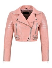 Ladies Baby Pink Leather Jacket White Pearl Effect Cropped Bikers Jacket 5625
