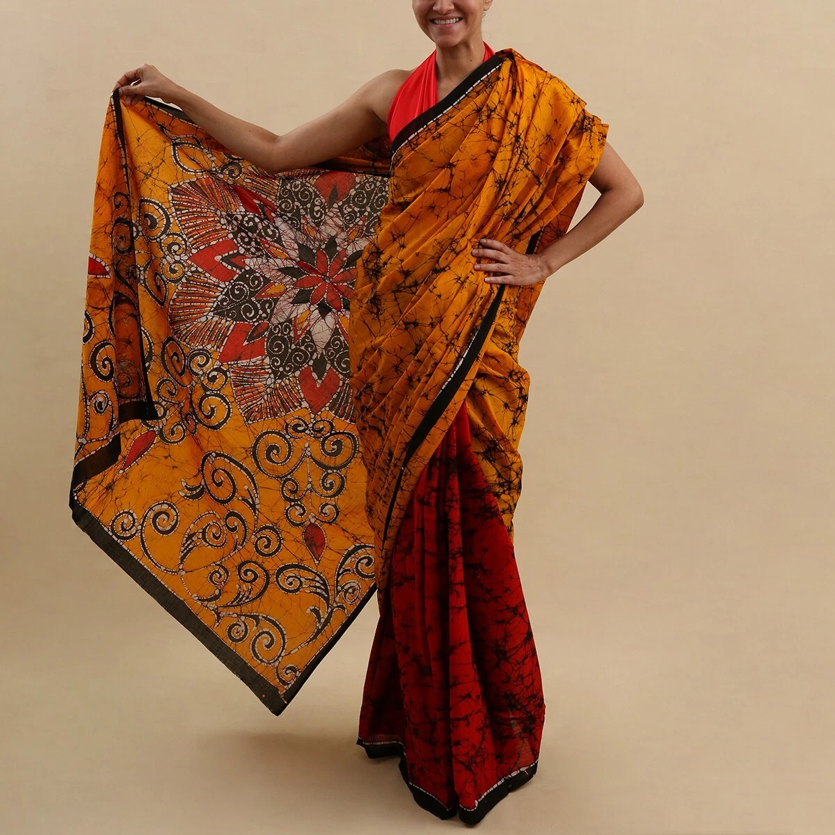Red Lotus Batik Saree handmade saree Elegant cotton saree Sri