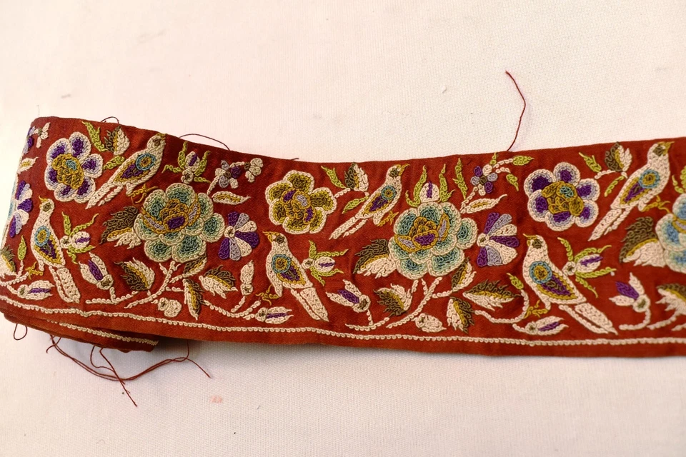 Antik Parsi Gara Sari Kor Border Spitze Seide Vogel Hand Bestickt Surat Gujarat - Bild 3 von 4