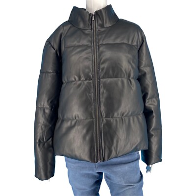 Du Jour Womens Jacket X-Large Size Black Faux Leather Puffer Jacket with Pockets