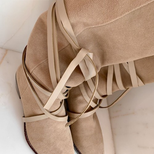 Womens Chic Sude Leather Straps Pull On Mid Calf Slouchy Western Boots Shoes SUN - Picture 10 of 14